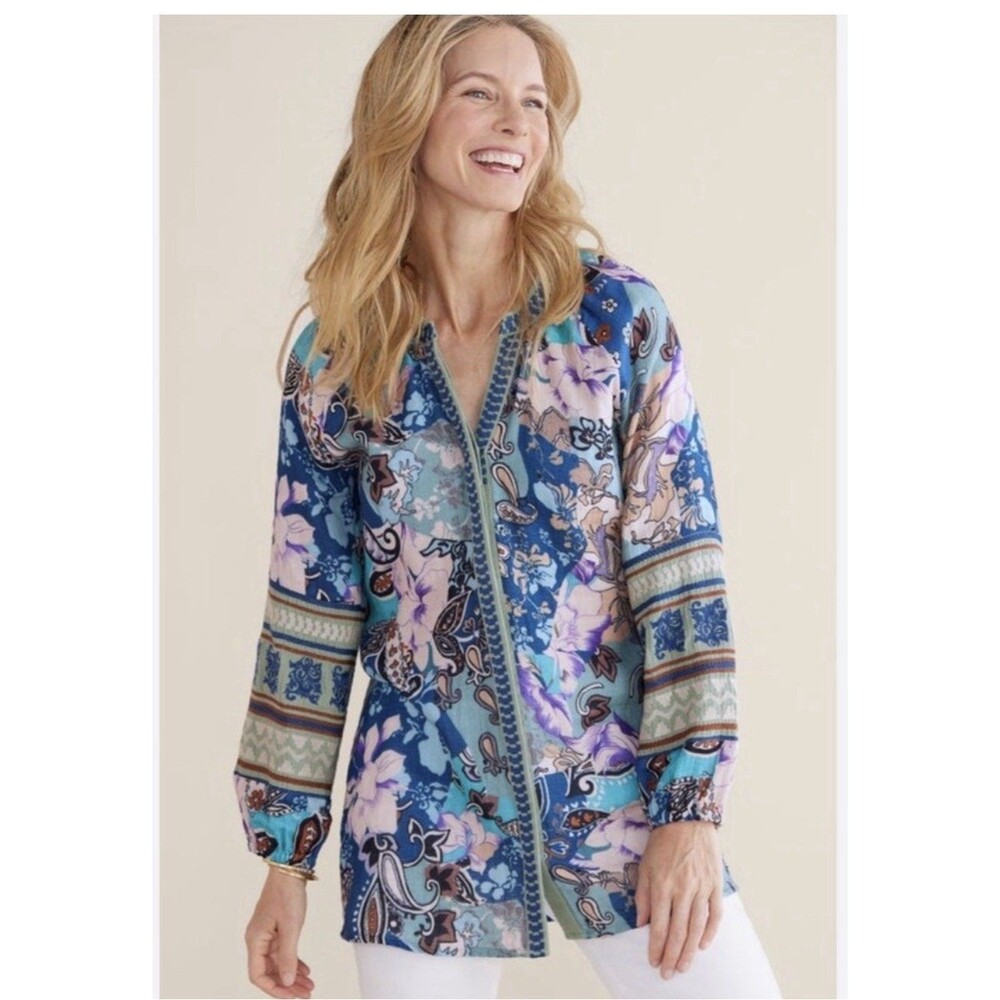 Soft Surroundings Top Medium Top Embroidered Button Tunic Gauze Boho Balloon Slv